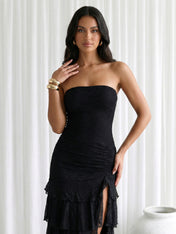 Black Strapless Chiffon Tiered Maxi Dress with Slit