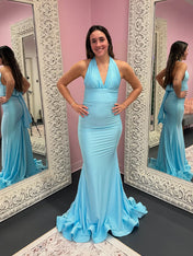 Light Blue Mermaid Halter Backless Long Prom Dress