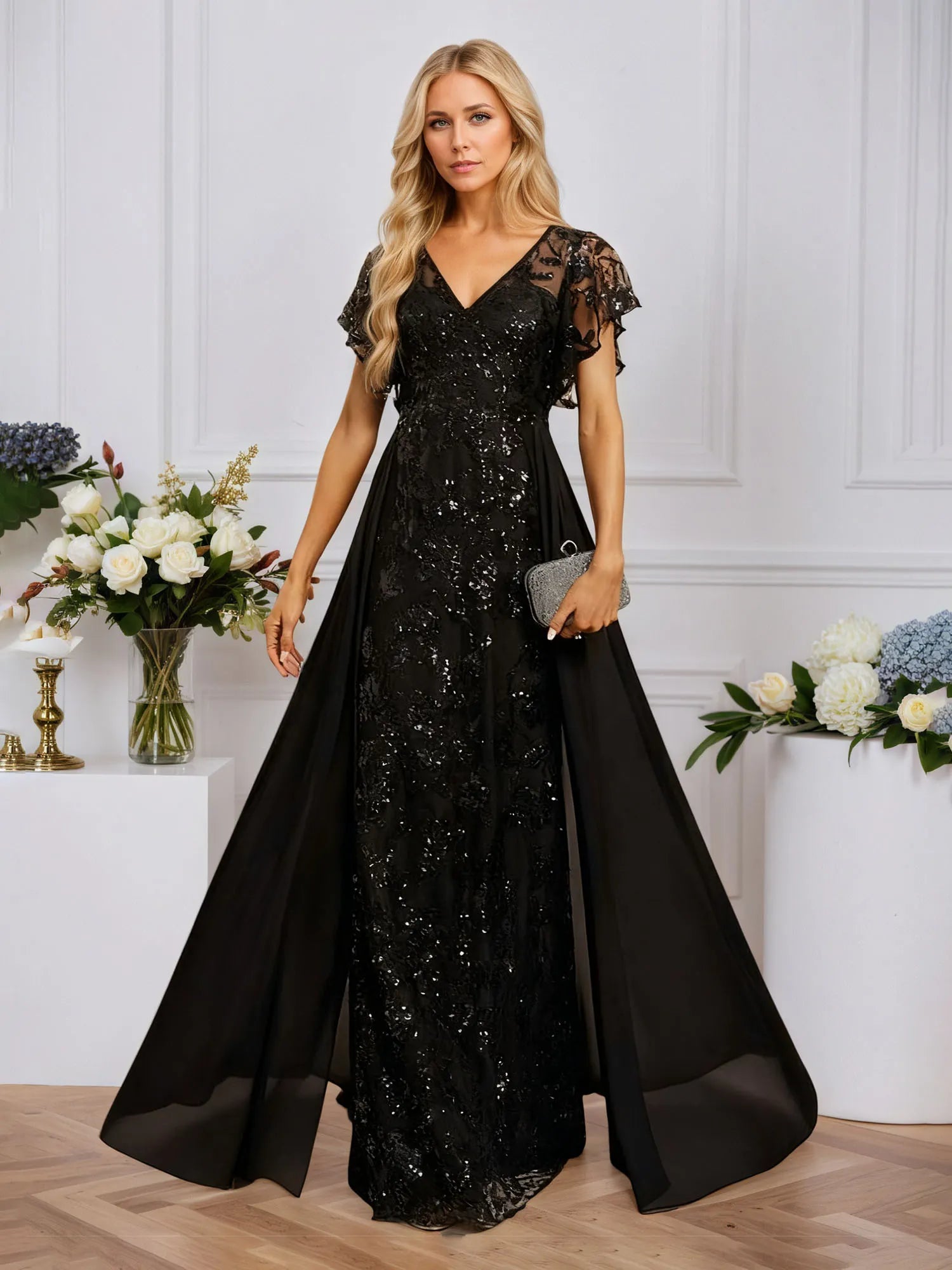 Column Illusion V-Neck Floor-Length Sequin Chiffon Lace Evening Dress With Overskirt