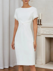 White Imitation Pearls Knot Front Classic Boat Neck Short Sleeve Sheath Midi Dress