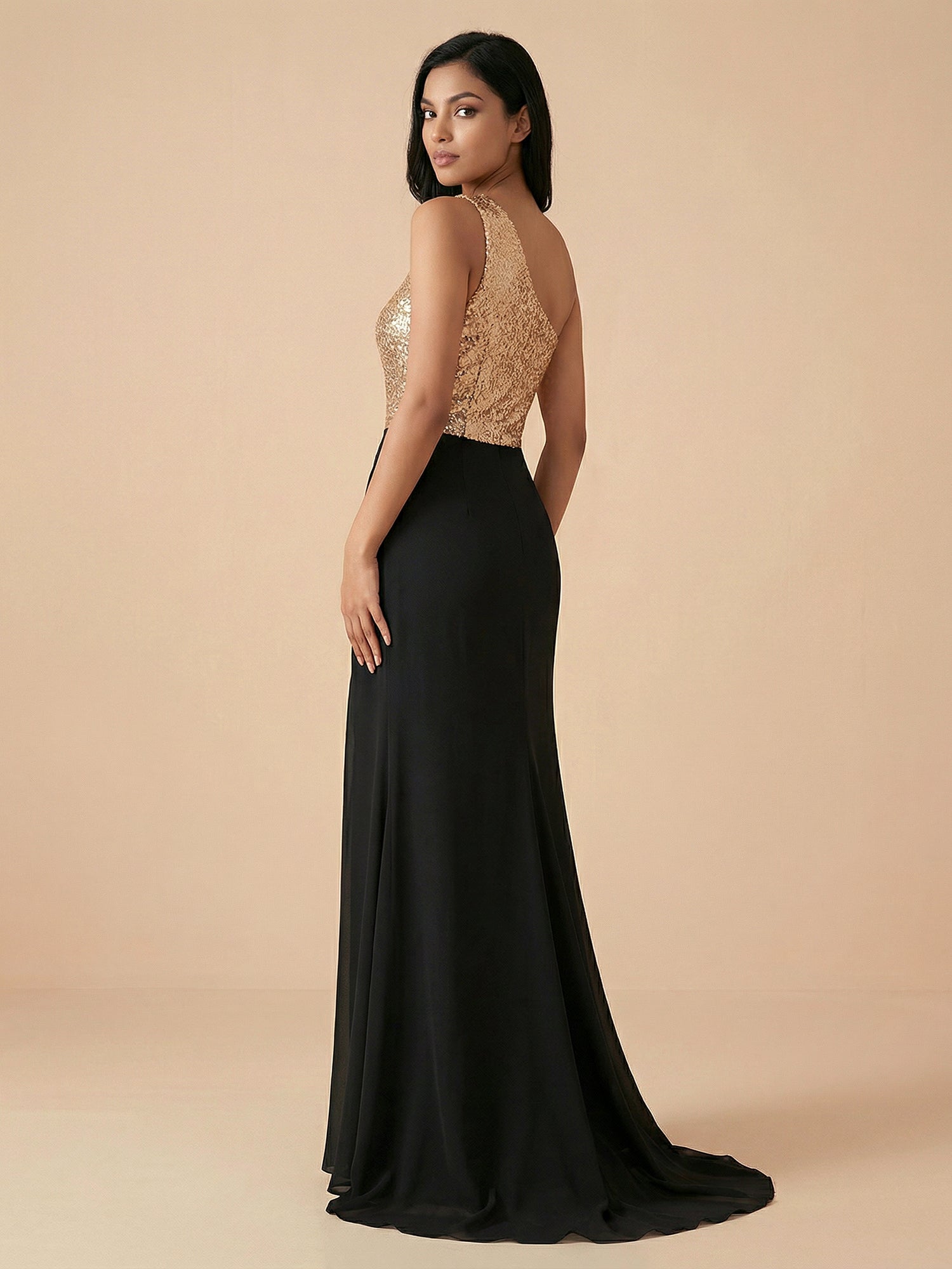 Elegant One-Shoulder Sequin Evening Gown with High Slit