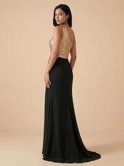 Elegant One-Shoulder Sequin Evening Gown with High Slit