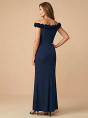 Off the Shoulder 3D Flower Mermaid Satin Mother of the Bride Dress with Ruffle