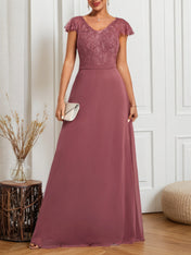 Watermelon Red Lace V Neck Short Sleeve A-Line Maxi Dress