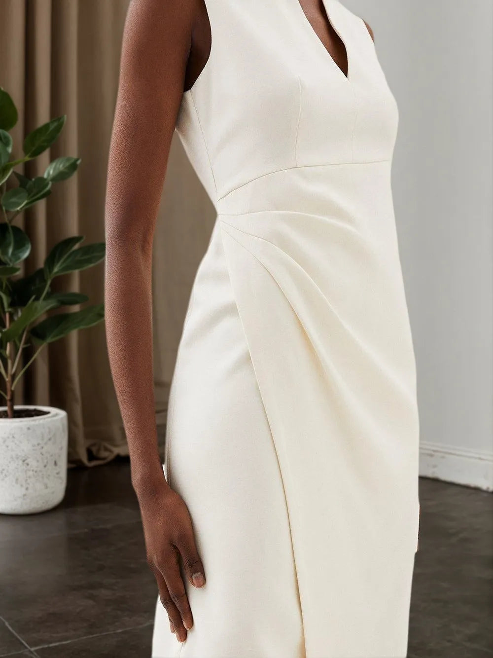 White V Neck Sleeveless Slit Sheath Midi Dress