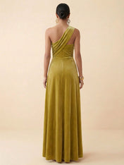 One-Shoulder Velvet Ruched A  Line Evening Gown