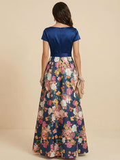 Navy Blue Short Sleeves Satin Two-piece Print Floral Mother of the Brides dress with Bow