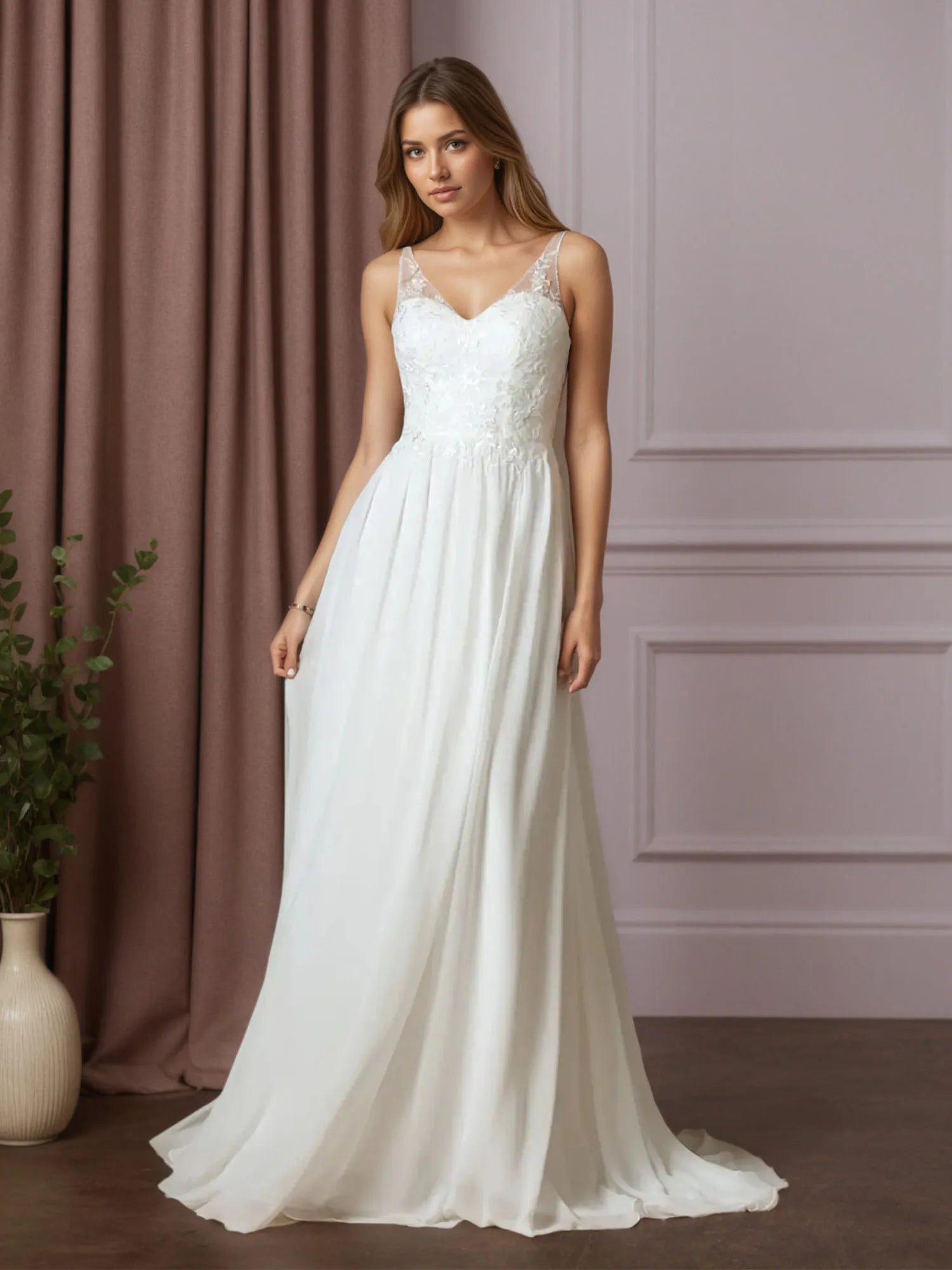 White A-Line Sequins Chiffon Wedding Dress