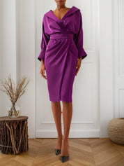 Purple Collared V Neck Long Sleeve Satin Sheath Midi Dress