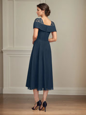 A Line Square Neck Tea Length Chiffon Mother of the Bride Dress With Pleated Sequins