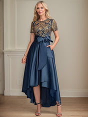 A-line Scoop Asymmetrical Satin Sequin Lace Mother of the Bride Dress With Bow