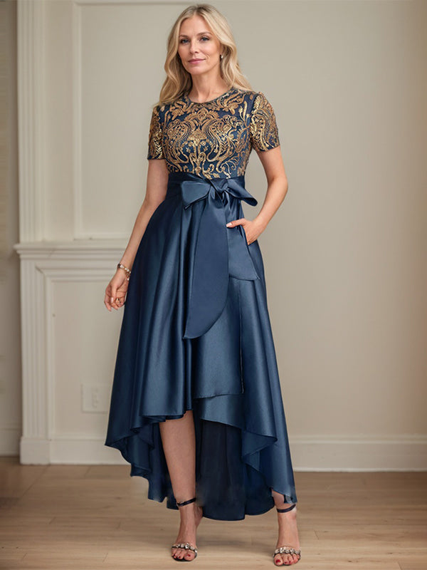 A-line Scoop Asymmetrical Satin Sequin Lace Mother of the Bride Dress With Bow