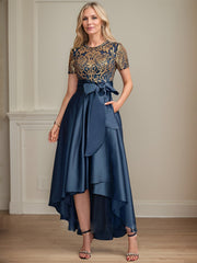 A-line Scoop Asymmetrical Satin Sequin Lace Mother of the Bride Dress With Bow