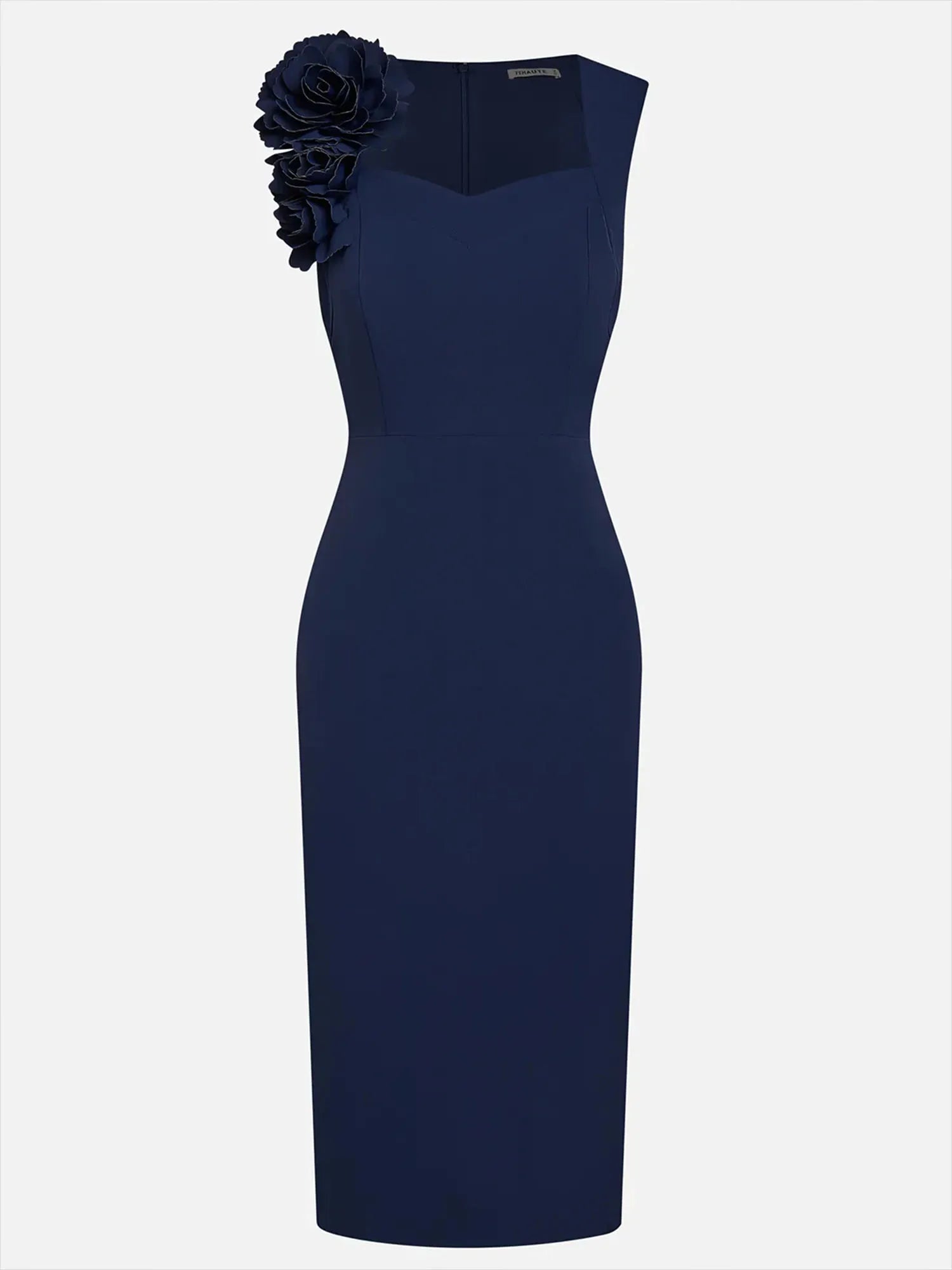 Sleeveless Sweetheart Neckline Bodycon Midi Dress with 3D Floral Shoulder Detail