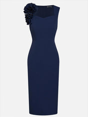 Sleeveless Sweetheart Neckline Bodycon Midi Dress with 3D Floral Shoulder Detail