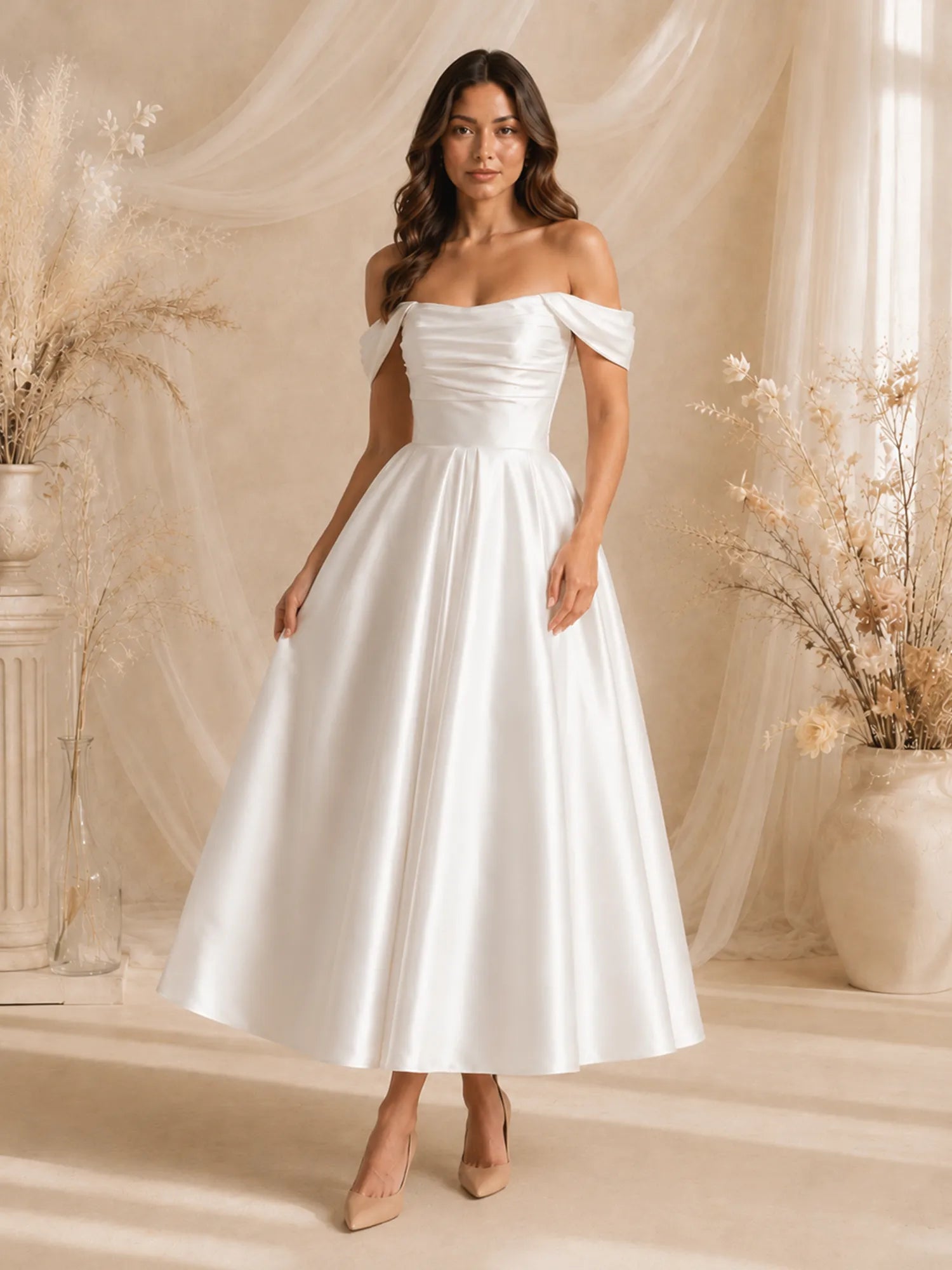 Off-The-Shoulder Pleated Satin Tea-Length Wedding Dress with Corset Back