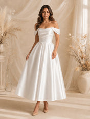 Off-The-Shoulder Pleated Satin Tea-Length Wedding Dress with Corset Back