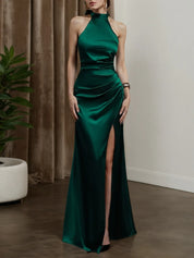 Green Side-Slit Ruched Satin Halter Sleeveless Sheath Maxi Bridesmaid Dress