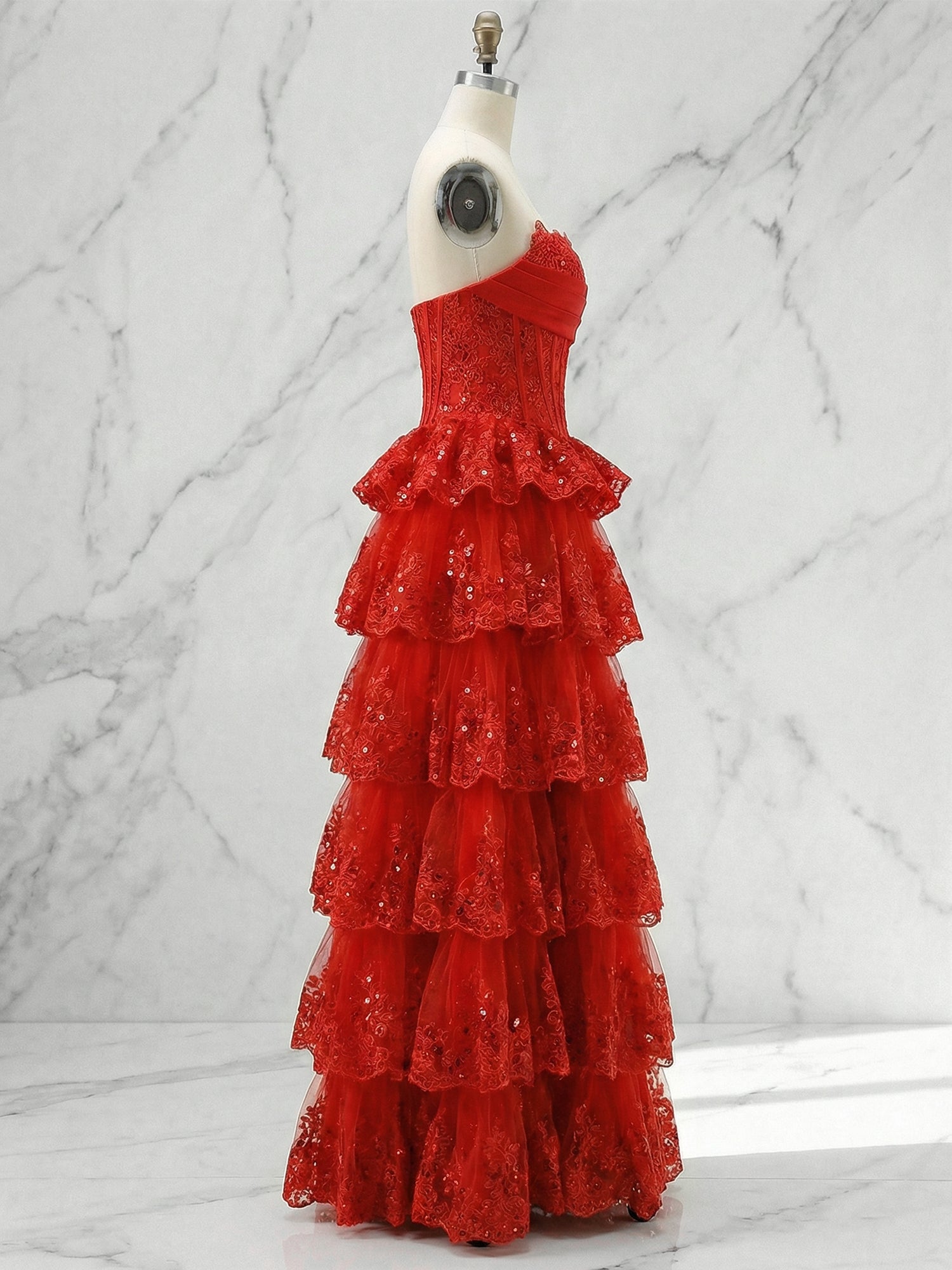 Pink A Line Strapless Sweetheart Tiered Lace Corset Prom Dress