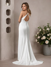 White Mermaid V-Neck Stretch Satin Wedding Dress