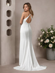 White Mermaid V-Neck Stretch Satin Wedding Dress