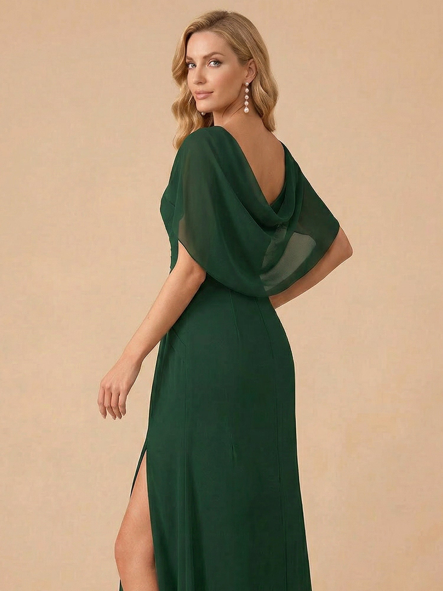 V-Neck Draped Cape Sleeve Chiffon Mermaid Mother of the Bride Dress with Slit