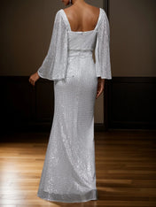 Silver Rhinestone Sequin Square Neck Three Quarter Sleeve Sheath Gown Dress