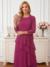 Round Neck Tiered Chiffon A-Line Mother of the Bride Dress with Matching Bolero Jacket