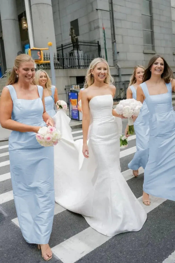 Pink Straps Sheath Square Neck Satin Sleeveless Long Bridesmaid Dress