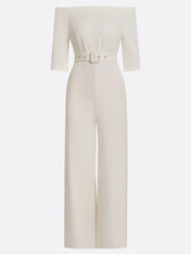 Women White Off The Shoulder Half Sleeve Dressy Jumpsuit