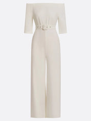 Women White Off The Shoulder Half Sleeve Dressy Jumpsuit