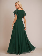 Dark Green A Line Chiffon V Neck Floor Length Bridesmaid Dress With Ruffle