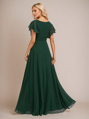 Dark Green A Line Chiffon V Neck Floor Length Bridesmaid Dress With Ruffle