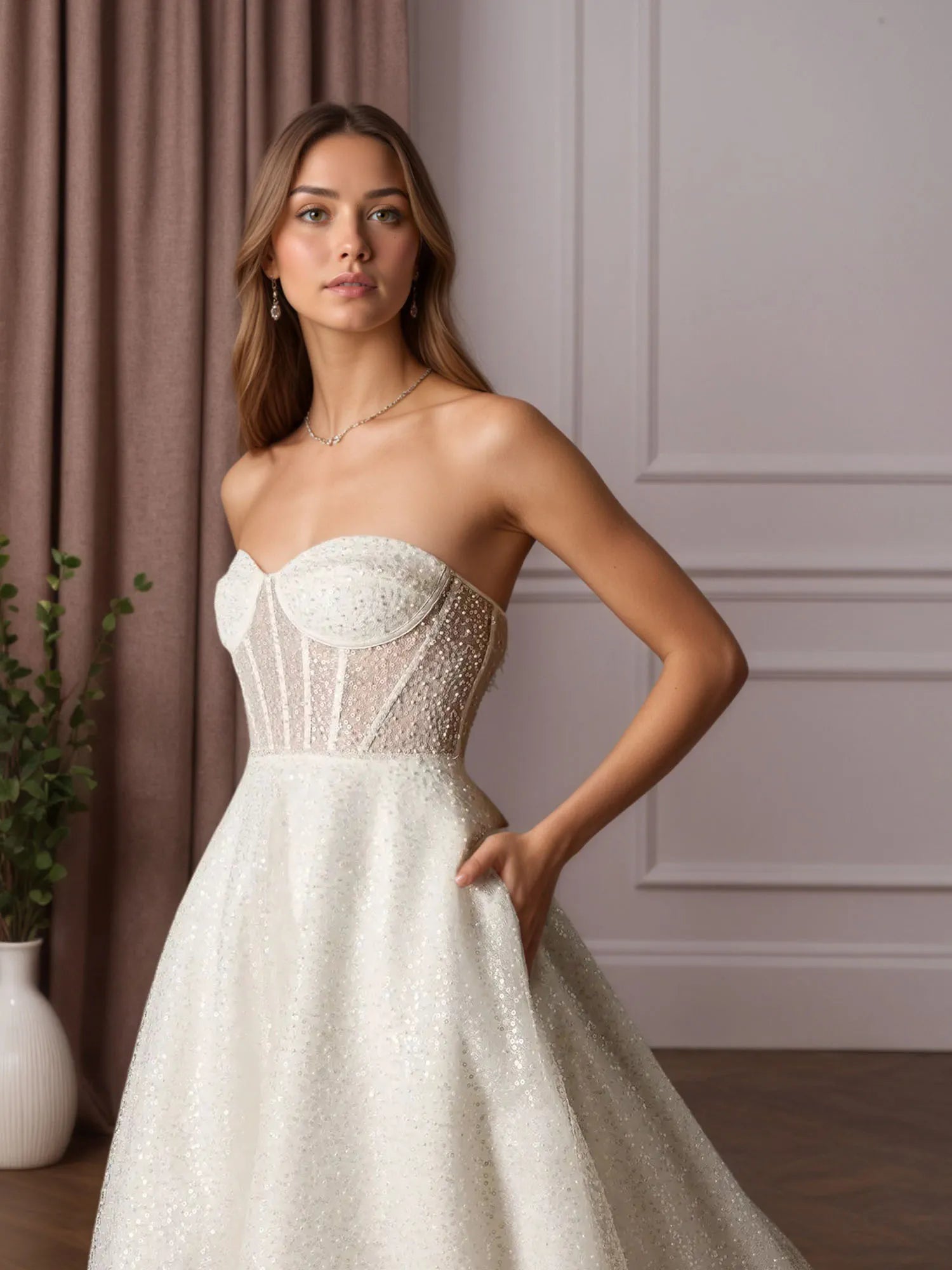 White A-Line Strapless Beading Wedding Dress