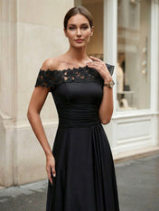 Black One Shoulder Applique Chiffon Evening Dress with Ruffle