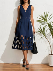 Black Devore Classic V Neck Sleeveless A-Line Midi Dress