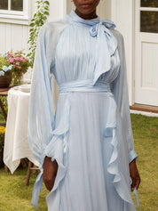 Blue Glossy Pleated Maxi Dress