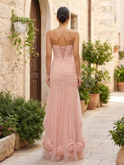 Pink Sweetheart Evening Dress with 3D Flower Mermaid Maxi Dress
