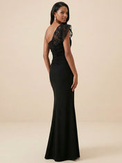 Black One-Shoulder Lace  Ruched Mermaid Evening Dress