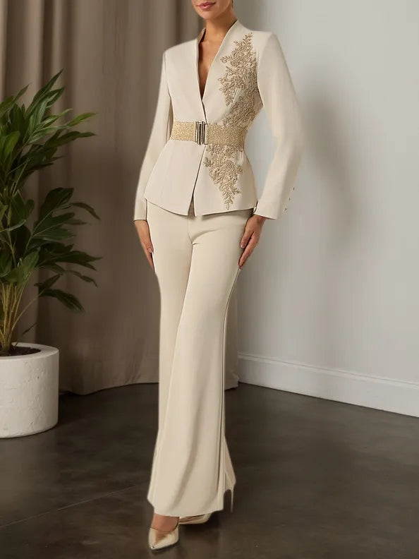 Women Apricot Applique Embroidery Deep V Neck Long Sleeve Dressy Coat With Pants Two-Piece Set