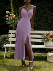 Light Purple Chiffon Spaghetti Gallus A-Line Maxi Bridesmaid Dress