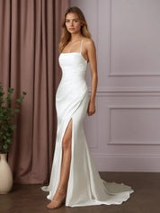 White Mermaid Pleated Stretch Satin Wedding Dress