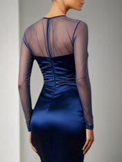 Navy Formal Dress Mermaid Sheer Sleeve Satin Maxi Dress