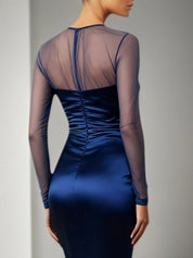 Navy Formal Dress Mermaid Sheer Sleeve Satin Maxi Dress