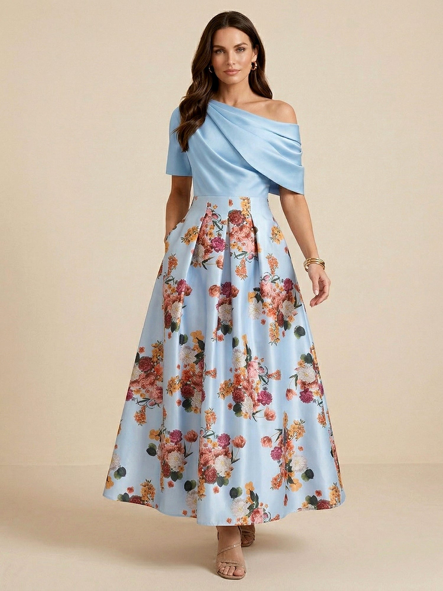 One Shoulder Floral Print Satin Mother of the Bride Dress with Pockets