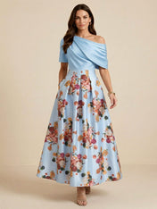 One Shoulder Floral Print Satin Mother of the Bride Dress with Pockets