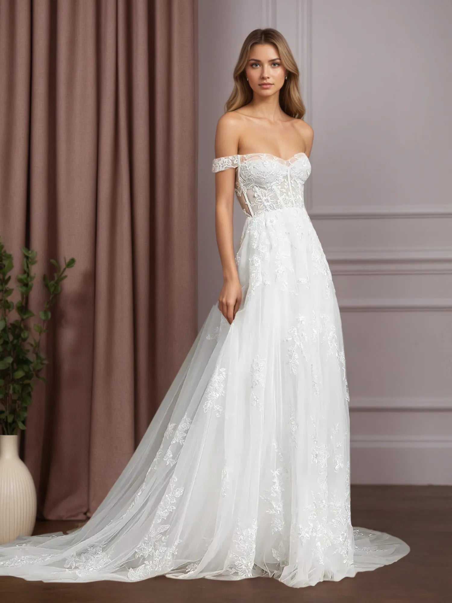 White A-Line Sequins Tulle Wedding Dress