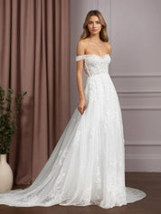 White A-Line Sequins Tulle Wedding Dress