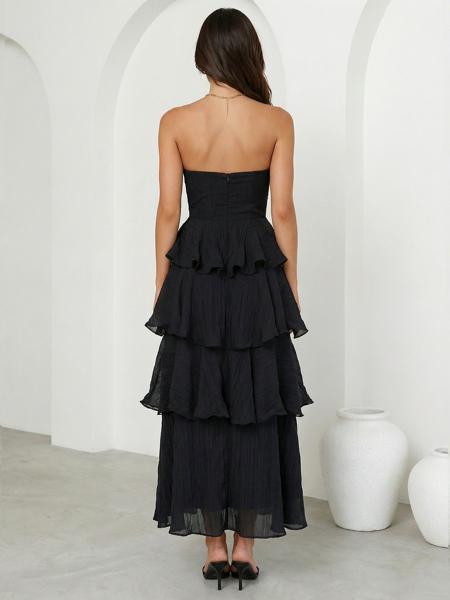 Black Strapless Tiered Maxi Dress Ankle Length