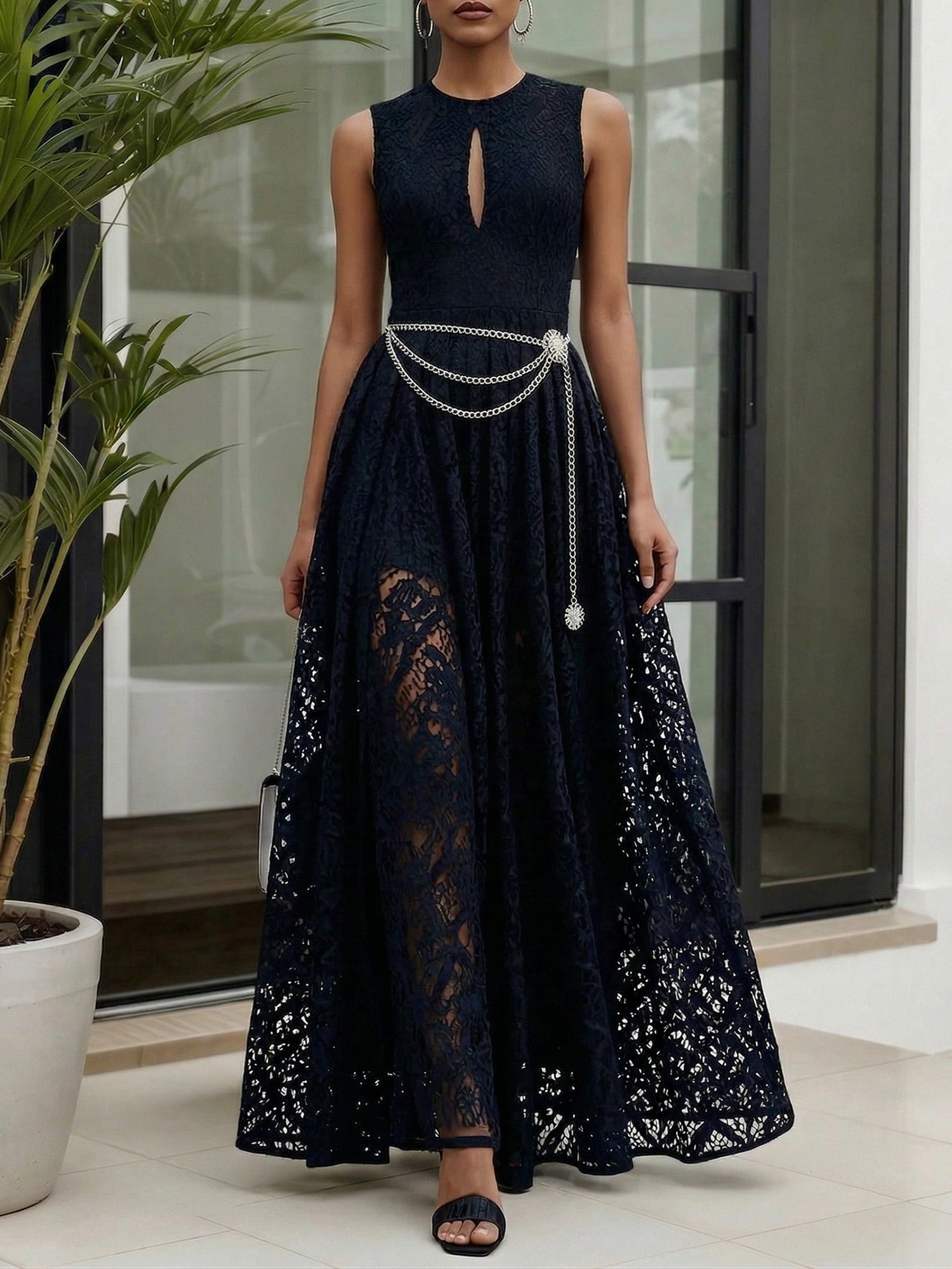 Midnight Black Lace Hollow Out Crew Neck Sleeveless A-Line Maxi Dress